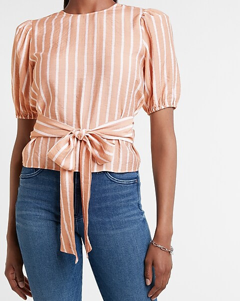 Striped Tie Front Puff Sleeve Top | Express