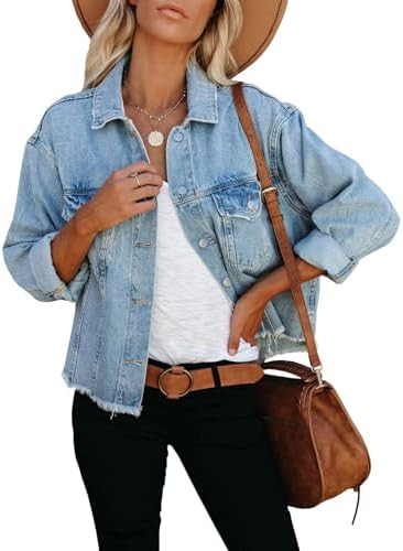 LONGBIDA Women's Jean Jacket Frayed Washed Button Up Cropped Denim Jacket With Pockets | Amazon (US)