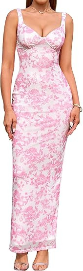 HTZMO Women Summer Floral Bodycon Maxi Dress V Neck Halter Sleeveless Casual Wedding Guest Party ... | Amazon (US)