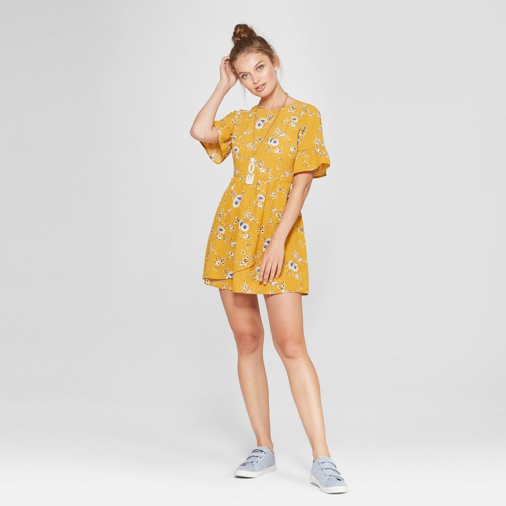 Women's Floral Print Ruffle Sleeve Wrap Dress - Lots of Love by Speechless (Juniors') Mustard S, Blue Yellow | Target