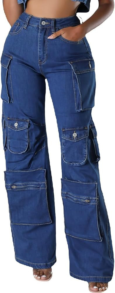 Tcremisa Baggy Jeans for Woman High Waisted Flap Pockets Straight Wide Leg Cargo Jeans Y2K Street... | Amazon (US)