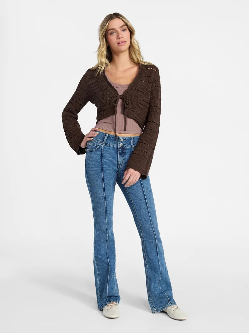 No Boundaries Tie Front Pointelle Cardigan, Women’s Sizes XXS-XXL | Walmart (US)