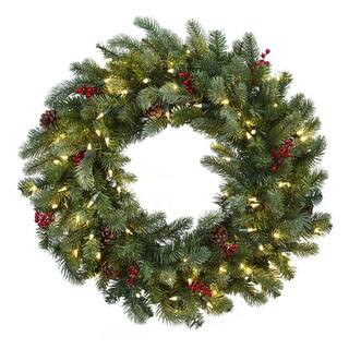 Nearly Natural 30 in. Lighted Pine Artificial Wreath with Berries and Pine Cones 4860 - The Home ... | The Home Depot