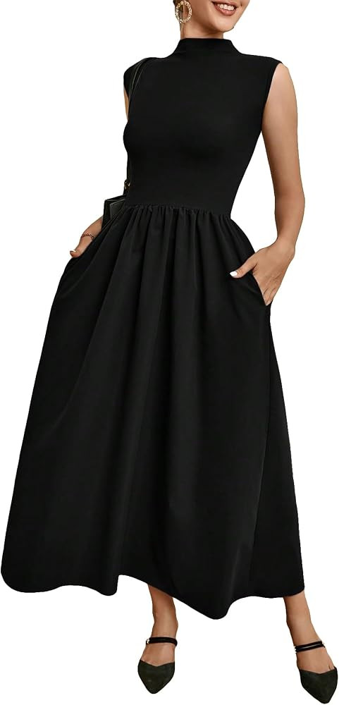 SweatyRocks Women's Casual Mock Neck Cap Sleeve High Waist A Line Flared Long Dress | Amazon (US)