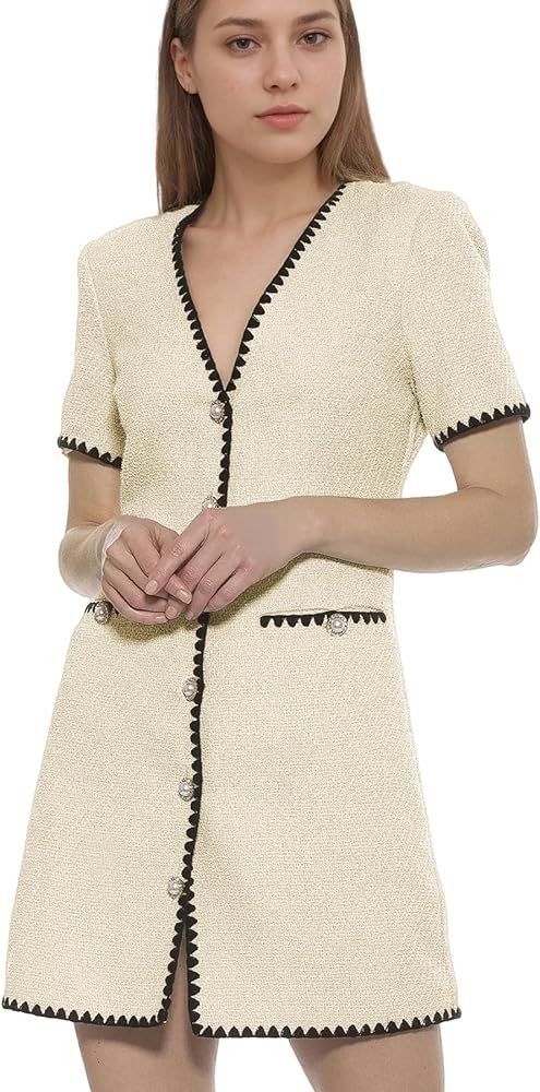 Ainangua Womens Tweed Dress Short Sleeve Elegant Vintage A Line Business Mini Bodycon Skirt Casua... | Amazon (US)
