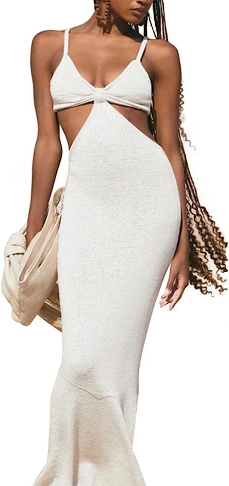 Womens Sexy V-Neck Maxi Knotted Dress, Cutouts Sleeveless Long Dress Summer Outfits | Amazon (US)