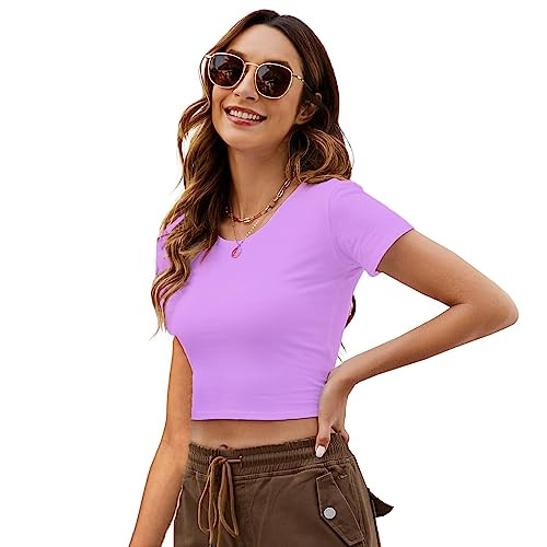 LONGBIDA Women's Scoop Neck Basic Crop Top Solid Short Sleeve T-Shirt, Purple, M | Amazon (US)