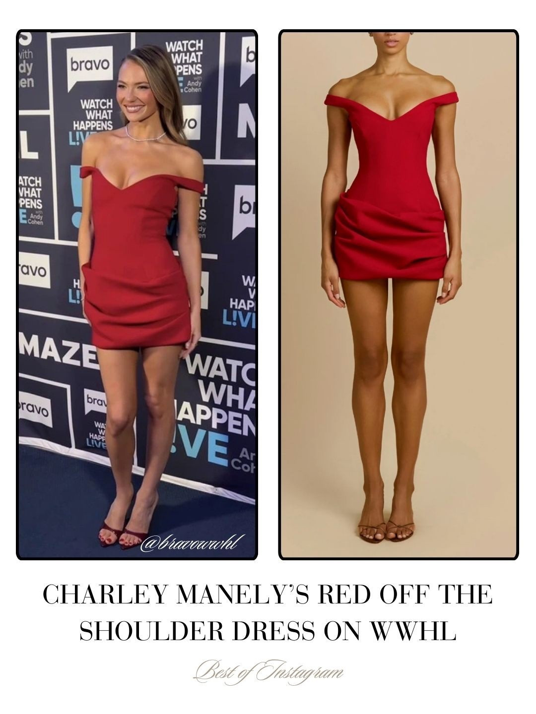 Charley Manely’s Red Off The Shoulder Dress on WWHL 📸 = @bravowwl // Sold by Arcina Ori 