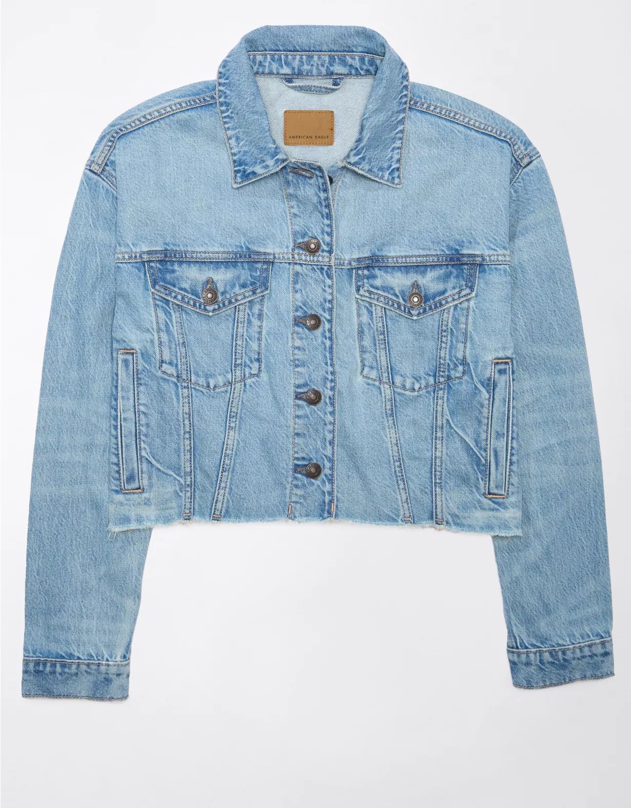 AE Dreamy Drape Stretch Cropped Denim Jacket | American Eagle Outfitters (US & CA)