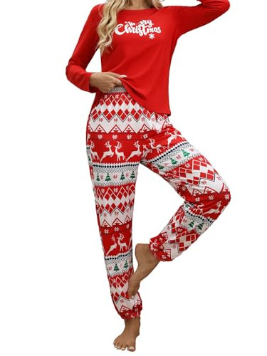 ZEUI Christmas Pajamas Set for Women Soft Holiday Pjs with Print Long Sleeve Tops and Pants 2 pieces Sleepwear Set Red | Amazon (US)
