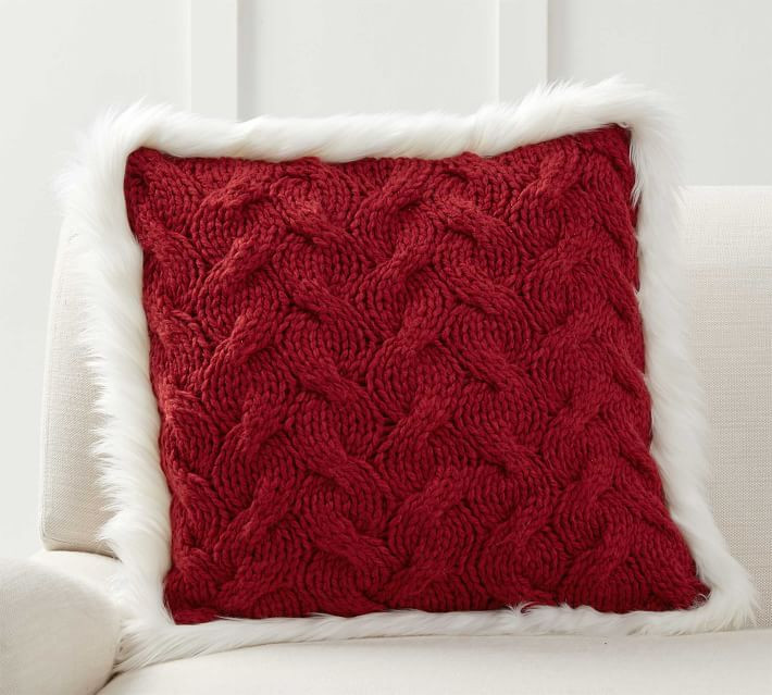 Button Knit Faux Fur Trim Pillow Covers | Pottery Barn (US)