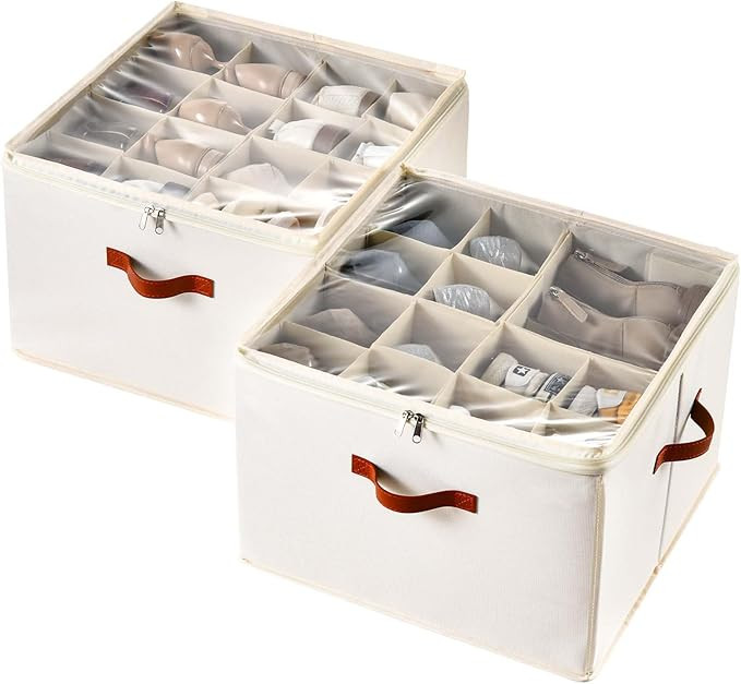 Shoe Organizer for Closet, 2 Pack Foldable Shoe Storage Containers, Fits up to 16-32 Pairs, Adjus... | Amazon (US)