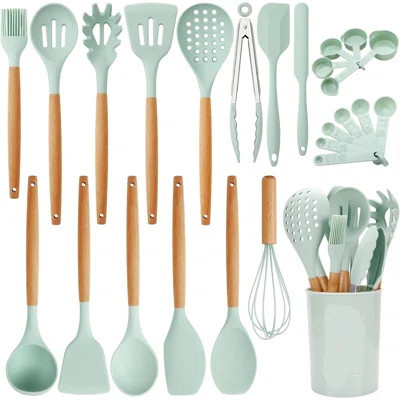 Silicone Cooking Utensils Set With Holder BPA Free Kitchen Utensils Set For Cooking 446°F Spatulas Silicone Heat Resistant Wooden Handle Spoon Tongs N | Wayfair North America