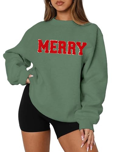MAPICK Merry Sweatshirt Women Christmas Glitter Patch Letter Print Shirt Fleece Long Sleeve Oversize Pullover Outfits(Green,XX-Large) | Amazon (US)