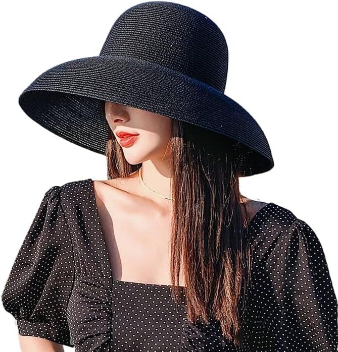 Women's Vintage Hepburn Straw Sun Hat Bell Shaped Wide Brim Vacation Beach Sun Cap Summer Solid C... | Amazon (US)