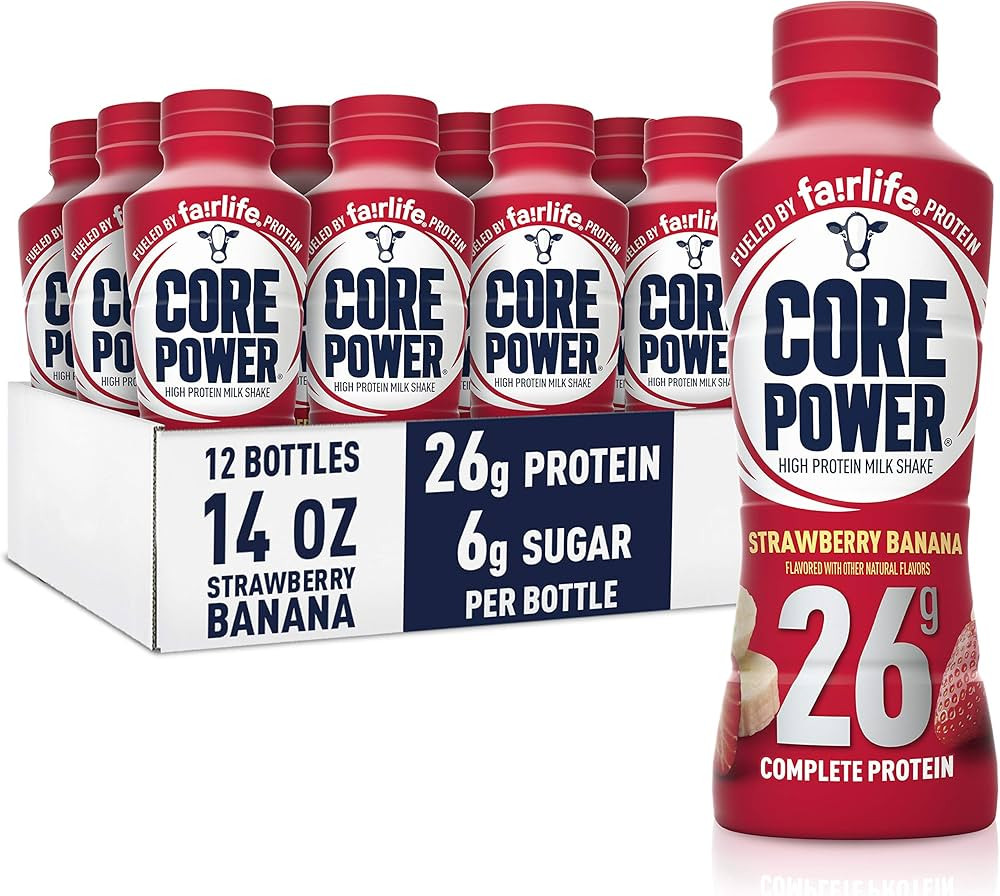 Core Power Protein Shake, Strawberry Banana, 26g Bottle, 14oz, 12 Pack | Amazon (US)