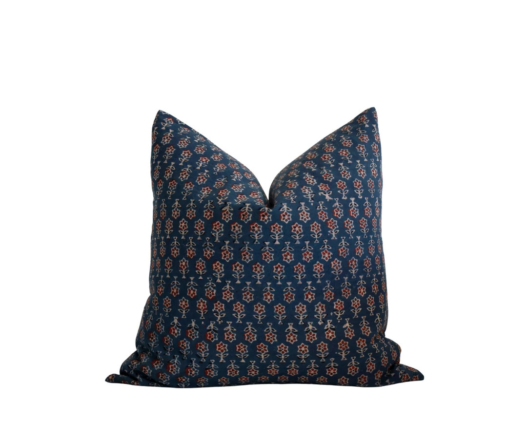 ARUN Navy Blue and Red Pillow Cover Blue Block Print Pillow Blue Pillow Blue Floral Pillow Mascul... | Etsy (US)