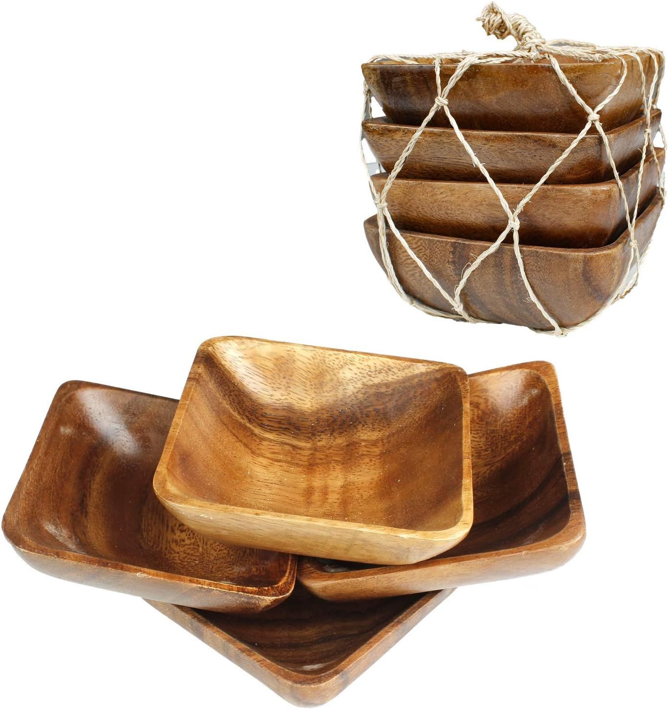 Acacia Handmade Wood Carved Plates - Set of 4 Calabash Bowls Size 4" (Square) | Amazon (US)
