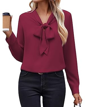 Zeagoo Womens Blouses Chiffon Long Sleeve Shirts Bow Tie Neck Work Tops Business Casual Outfits | Amazon (US)