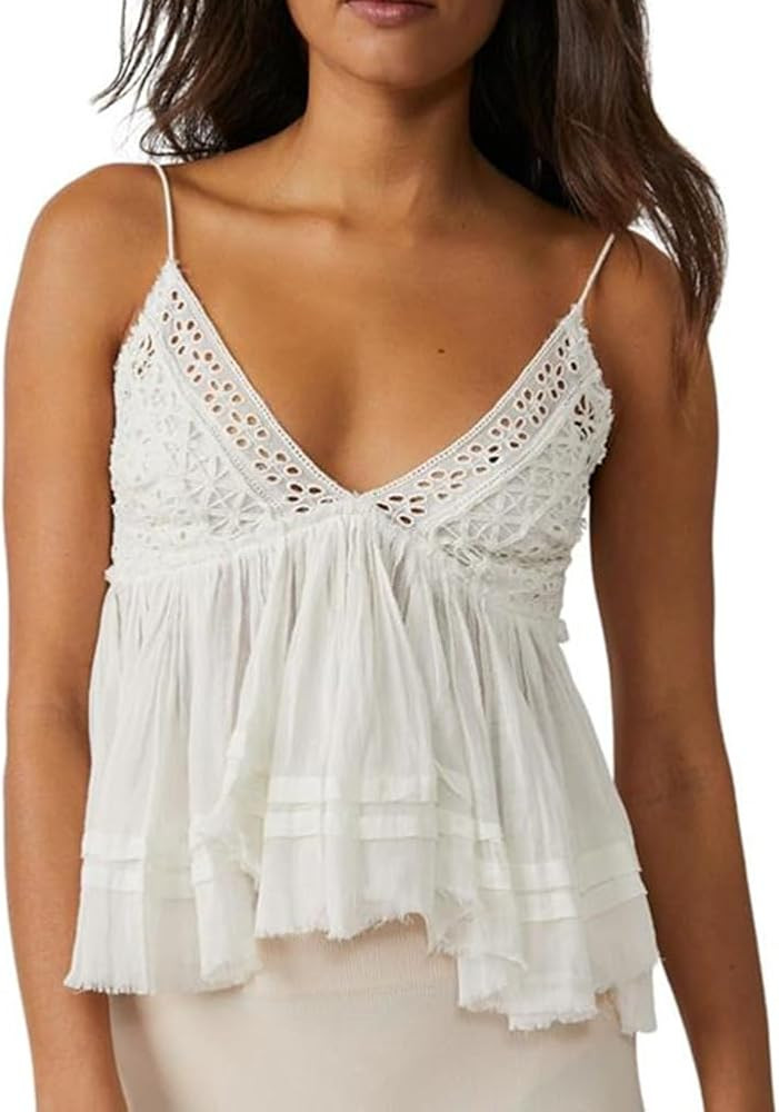 Design:Women y2k tank top cami,sleeveless,v neck,cheeky open back.spaghetti straps,peplum crop he... | Amazon (US)