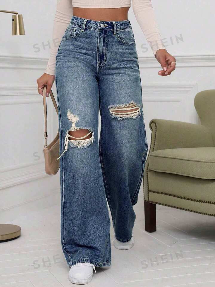 SHEIN EZwear Solid High Waist Ripped Wide Leg Jeans | SHEIN