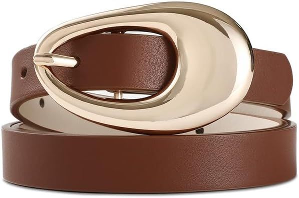 Genuine Leather Belt for Women Brown Leather With Smooth Oval Gold Metal Buckle Luxury Casual Fas... | Amazon (US)