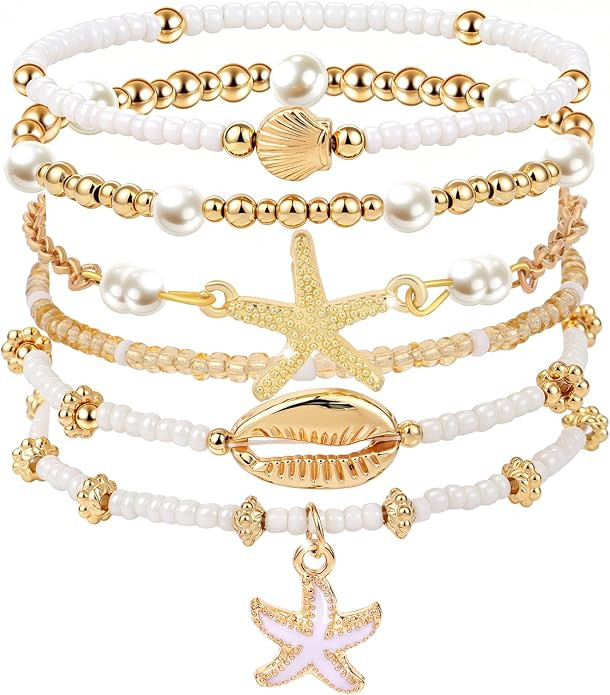 Summer Beach Bracelets for Women Men, Stackable Seashell Starfish Beaded Bracelets, Seaside Holid... | Amazon (US)