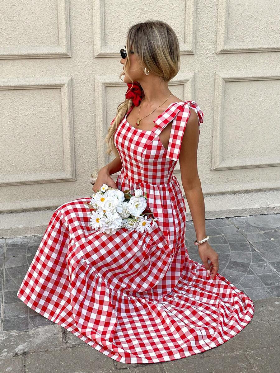Luneh Women Clothing Summer Red & White Plaid Print Bow Strap Layered Dress For Women, Suitable F... | SHEIN