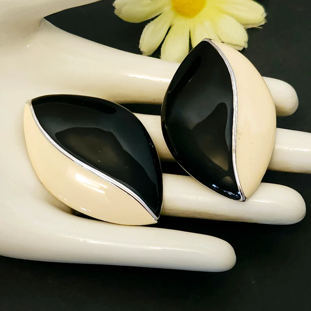 Vintage MONET Large Cream and Black Enamel Clip on Earrings with a Silver tone Setting | Etsy (Global)
