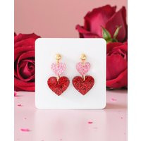 Valentine's Day Glitter Heart Earrings Stacked Valentine Earrings, Pink & Red Earrings | Etsy (US)
