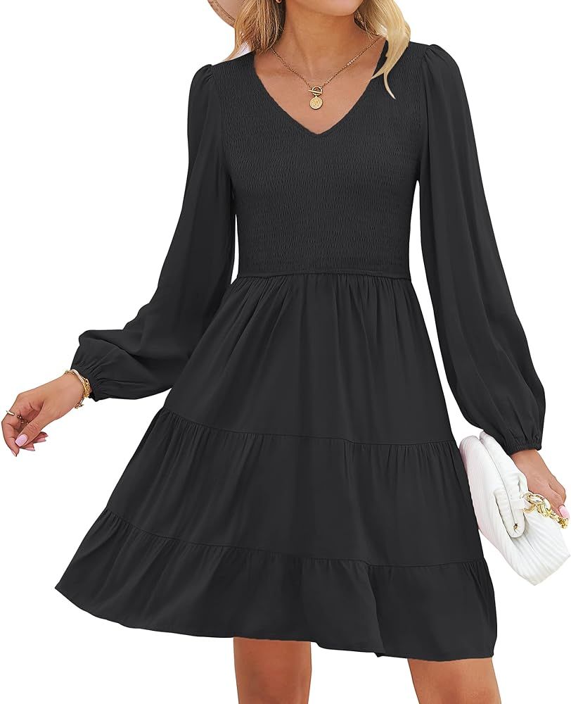 ZESICA Women's Casual V Neck Long Sleeve Smocked High Waist Ruffle A Line Tiered Mini Dress | Amazon (US)