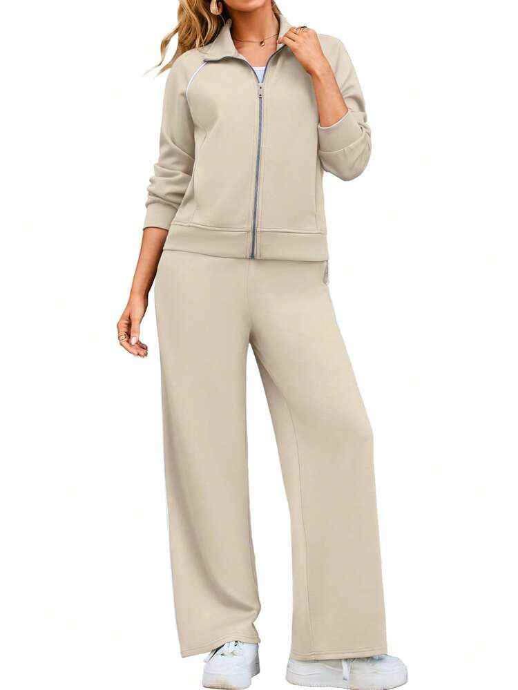 Women's 2 Piece Zip Up Sweatsuit Long Sleeve Wide Leg Sweatpants Jogger Set | SHEIN