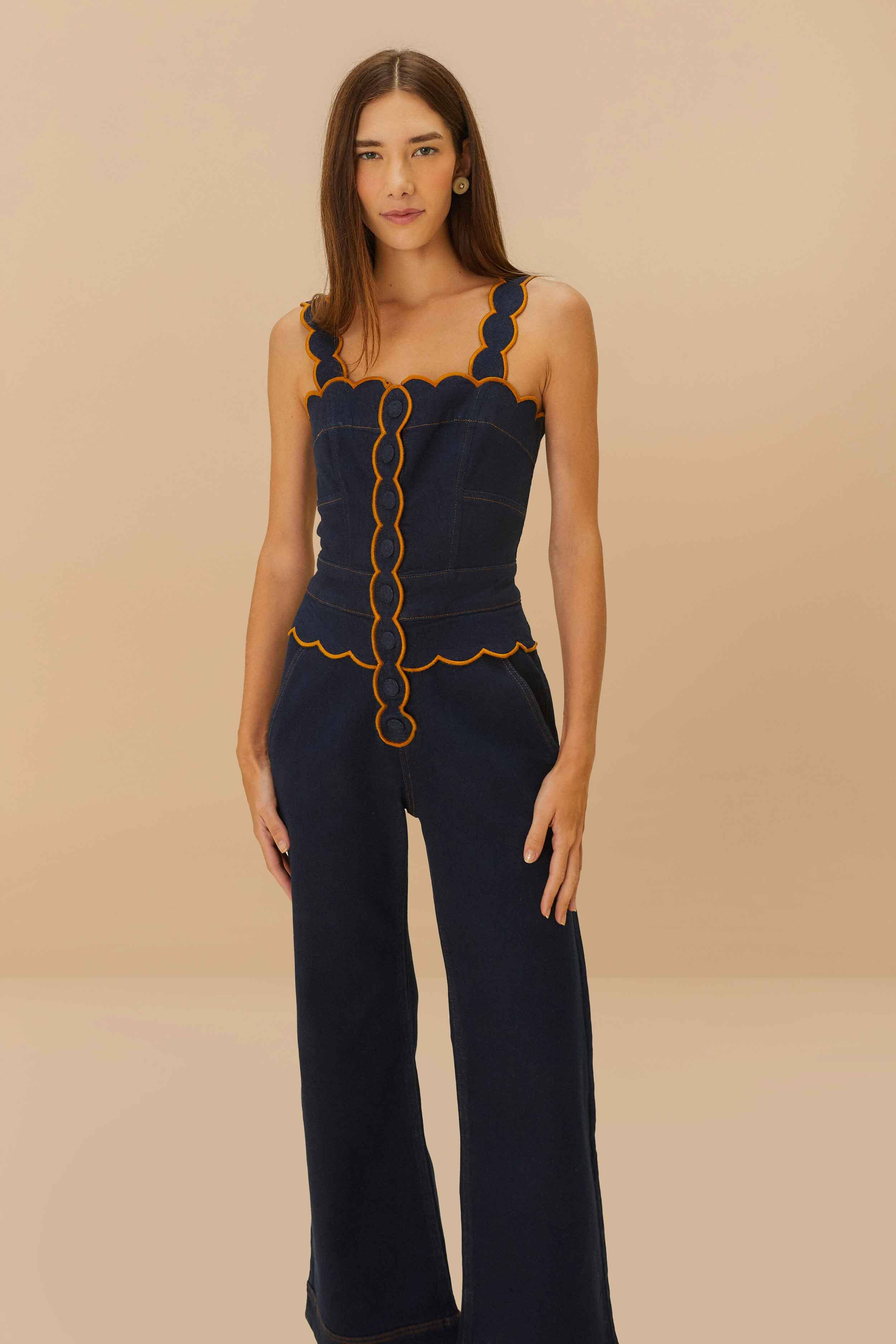Dark Denim Wavy Trim Jumpsuit | FarmRio (US)