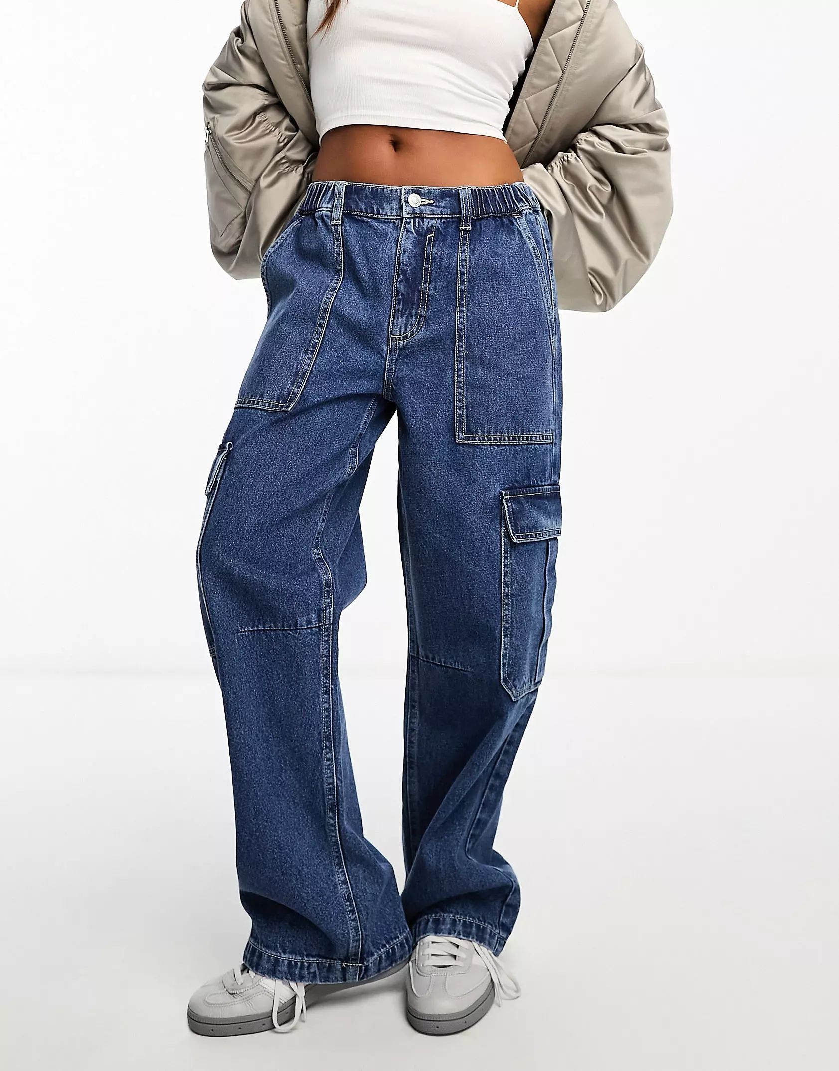 ASOS DESIGN Petite cargo jeans in mid blue | ASOS (Global)