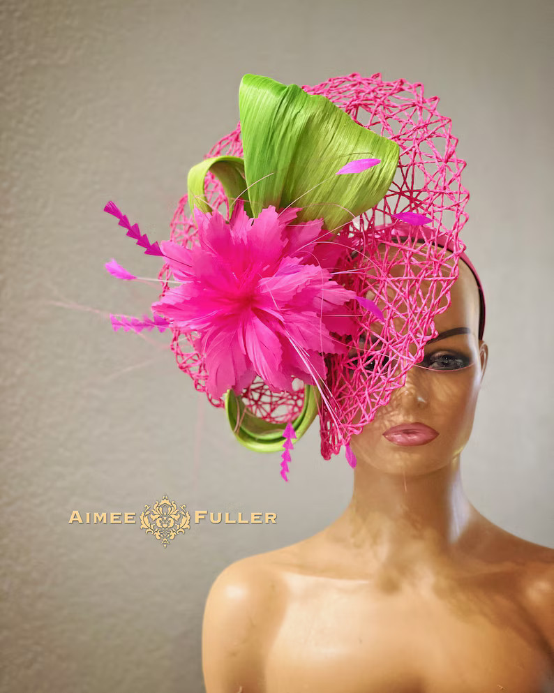 Aimee Fuller Kentucky Derby Fascinator, Hot Pink Silk Hat, Apple Green and Turquoise Hat, Del Mar... | Etsy (US)