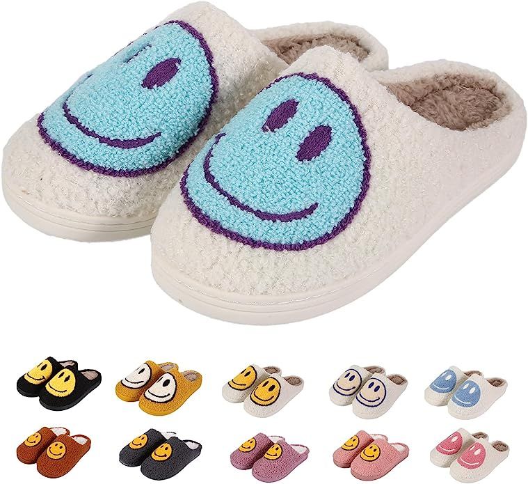Amazon.com | MOLATIN Cute Smile Happy Face Slippers,Retro Soft Plush Comfy Warm Fuzzy Home Slippe... | Amazon (US)