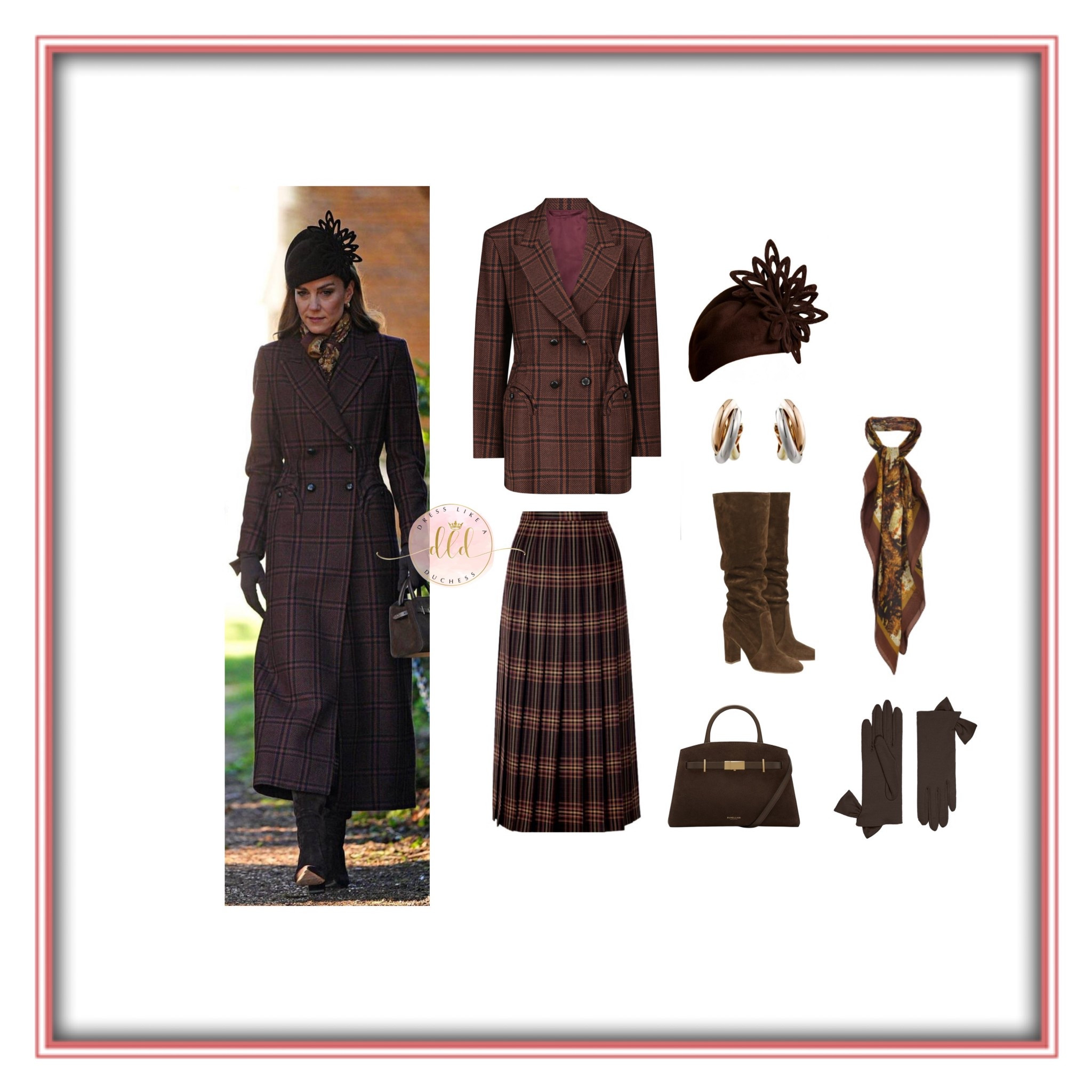 12/25/25 Kate Middleton on Christmas Day wearing Blaze Milano bespoke check coat + Giavito Rossi brown Glen boots + DeMellier London Small Hudson + Gucci pleated checked skirt + Cartier trinity earrings + Juliette Millinery peachbloom hat + Really Wild Clothing Silk Scarf in Autumn Partridge + Cornelia James Imogen Gloves in Brown 
