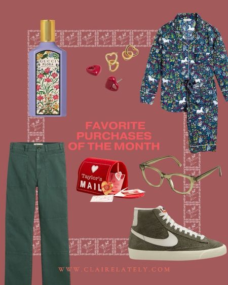 January favorite purchases and most wanted - madewell utility pant, Nike blazer high top sneakers, warby Parker glasses, kids valentines’s day mailbox, pajama set, heart earrings, Gucci flora perfume 
Love, Claire Lately 

#LTKstyletip #LTKMostLoved #LTKfindsunder100