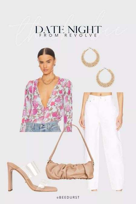 Perfect date night outfit for warmer spring nights from Revolve! White pants, long sleeve bodysuit, earrings, beige bag, clear heels, festival outfit, sandals, summer outfit

#LTKShoeCrush #LTKItBag #LTKStyleTip