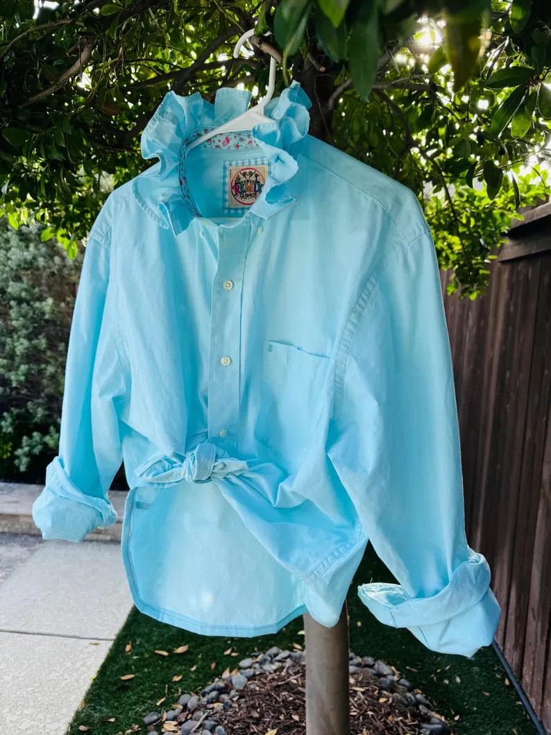 Upcycled men\u2019s Izod shirt in the prettiest robin egg blue  with ruffle trim,  finished hem, ... | Etsy (Global)