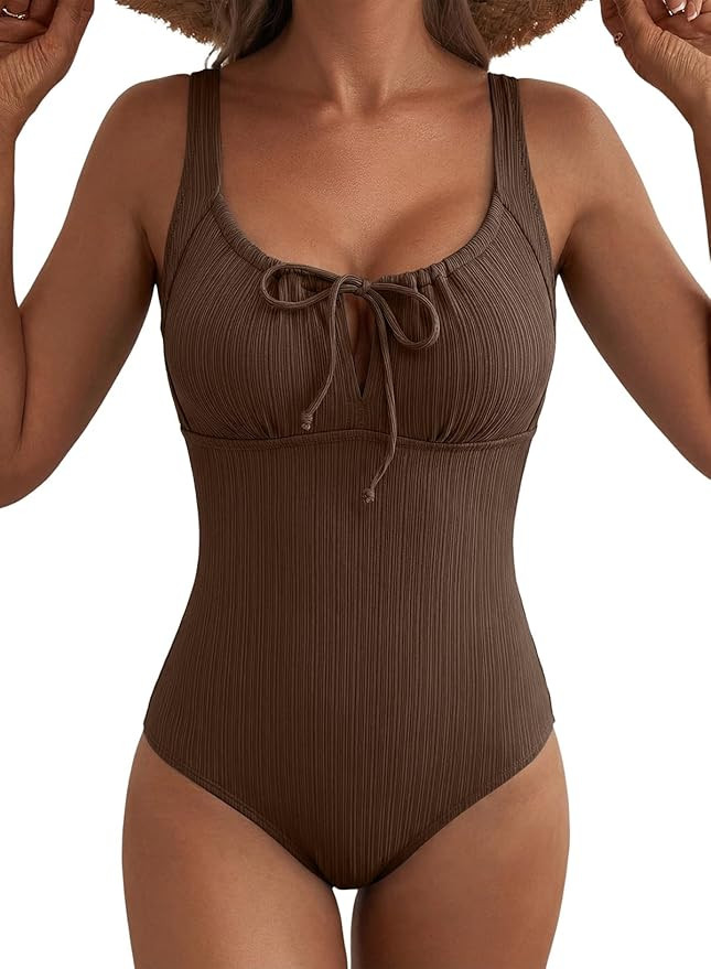 Womens Textured One Piece Swimsuit Tummy Control Bathing Suit Tie Knot Cutout Swimwear | Amazon (US)