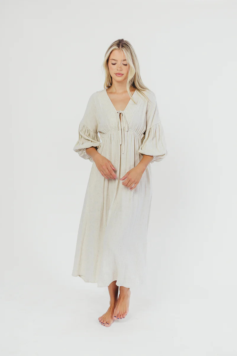 Hunter Linen-Blend Midi Dress in Greige - Bump Friendly and Inclusive | Worth Collective