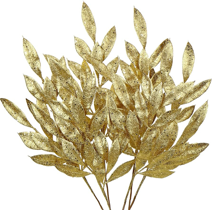 DILATATA 6Pcs Christmas Glitter Leaves Bay Leaves Spray 24" Artificial Gold Bay Leaf Picks Sprays... | Amazon (US)