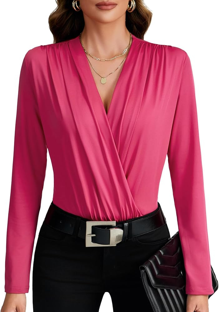 LYANER Women's Wraped V Neck Ruched Long Sleeve Leotard Bodysuit Top | Amazon (US)