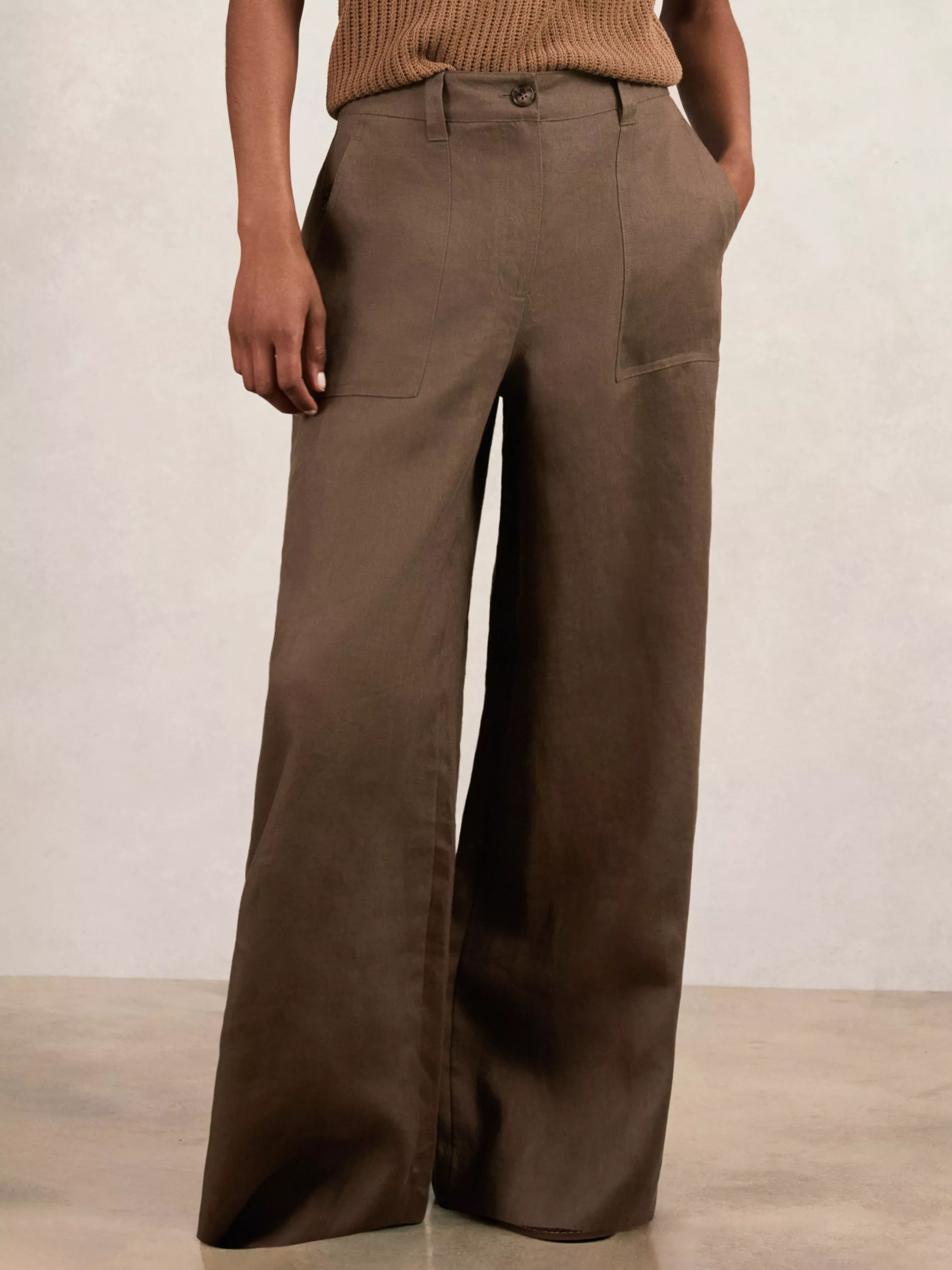 Reiss Petite Ashby Wide Leg Pure Linen Trousers, Chocolate Brown | John Lewis (UK)