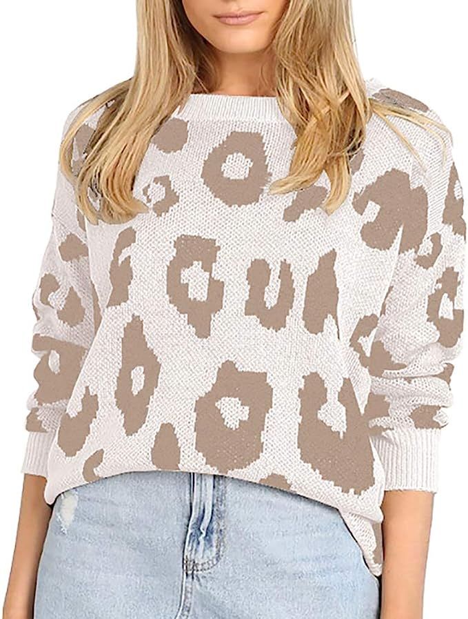 Carprinass Women's Stylish Leopard Pullover Sweater Long Sleeve Knitwear Blouse | Amazon (US)