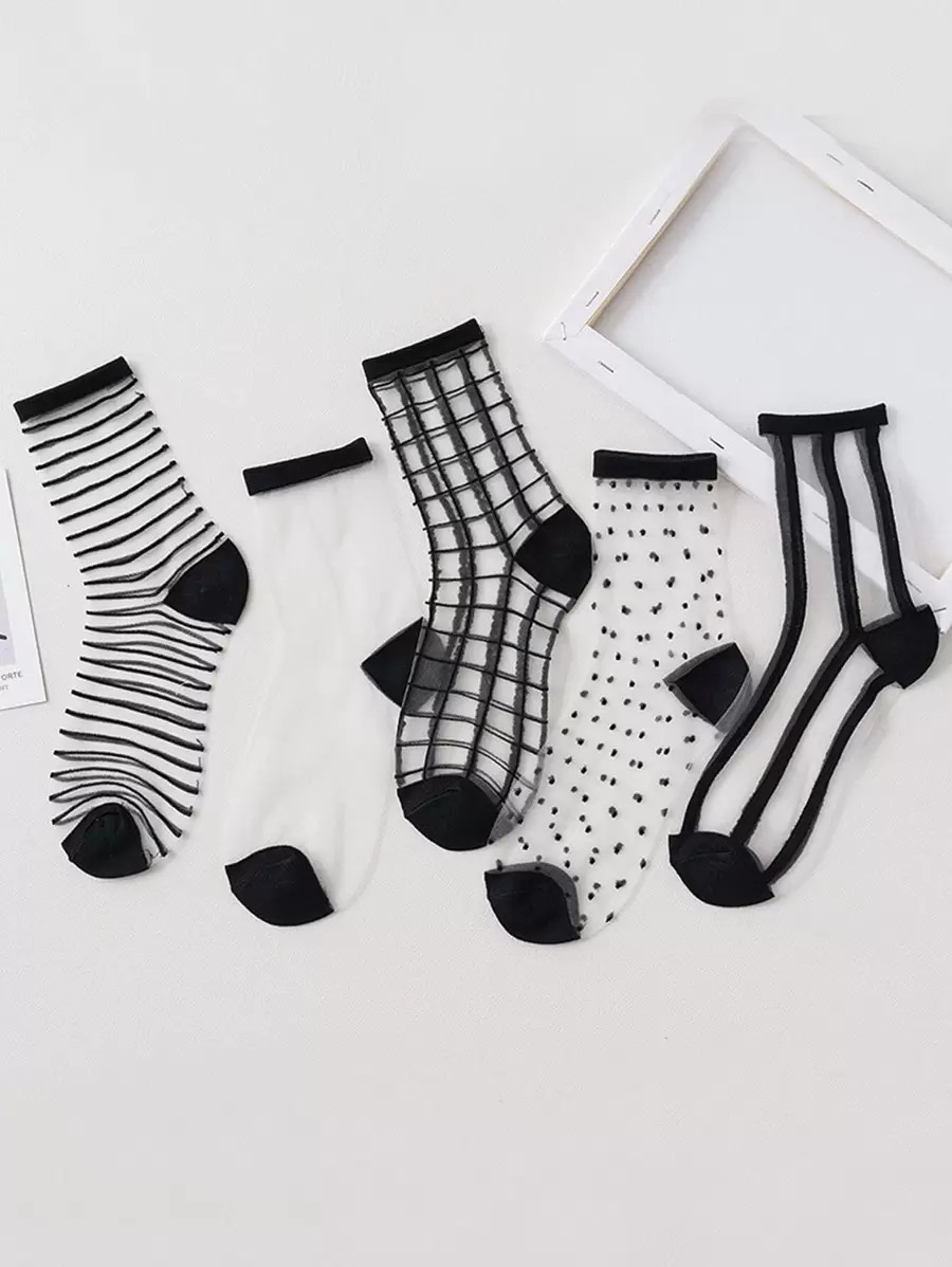 5pairs Clear Striped & Plaid Mesh Socks | SHEIN