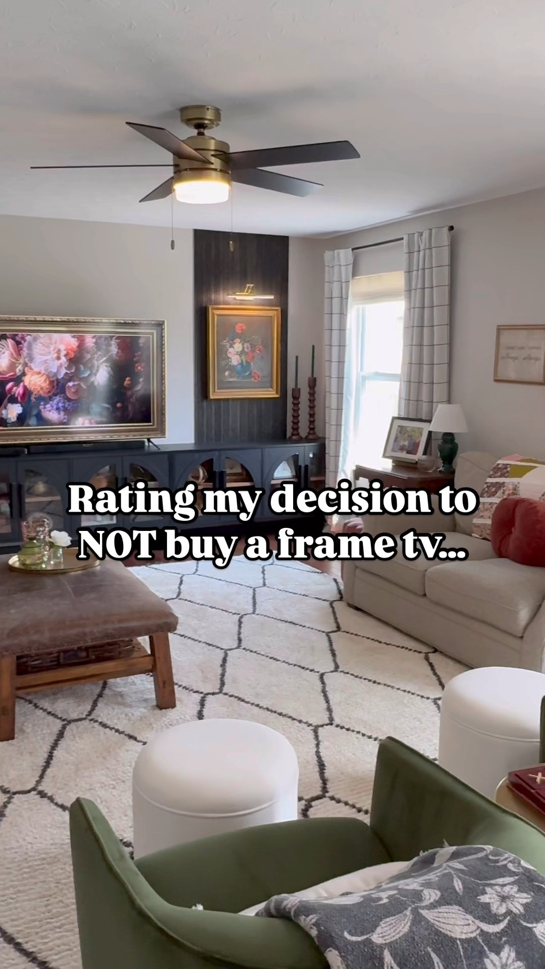 I’ve gotten A LOT of feedback when l’ve shared this in the past so here are some FAQs answered & replies to the comments most frequently given:

*Let me start with, I promise, there is no physical frame on the TV. The “frame” you see is all just in the YouTube image. If you don’t believe me, it takes you about 30 seconds to try it for yourself 😬

1. “Do you have to leave your TV on all the time & does it increase your electric bill?”
- We only leave our TV on like this when we are hosting a party or just for fun a few hours at a time. We don’t leave it on 24/7 so no, doesn’t affect our bill and that’s why I added the gold tape, so there is some kind of
“frame” even when the TV is off.
2. “What do you search to find those images?”
- I searched “vintage framed floral tv art” but you can replace floral with whatever theme you want, landscape, Christmas, etc.
3. “Doesn’t this burn the image into your TV?”
- If you left your TV on 24/7, then maybe? BUT most of the YouTube images turn off after a few hours & you can search for “slideshow” images so they switch out therefore, no burning image risk if that’s your concern.
4. “You should mount the TV”
- I’m aware this is an unpopular opinion, but I hate mounted TVs...but if you prefer that look in your home, do it!
5. “It’s not the same, you should just get a Frame TV”
- My personal fav response & it’s simple, the real frame tv is just not affordable to us. No, it’s not the same. And I’m not trying to fool anyone! This is just for a fun look at a budget anyone can afford. You don’t even have to spend the $3, the YouTube images are free!

Let me know if you have any questions I missed & if you want some real entertainment, go read the comments the last time I shared this trick 😂

#LTKStyleTip #LTKOver40 #LTKHome