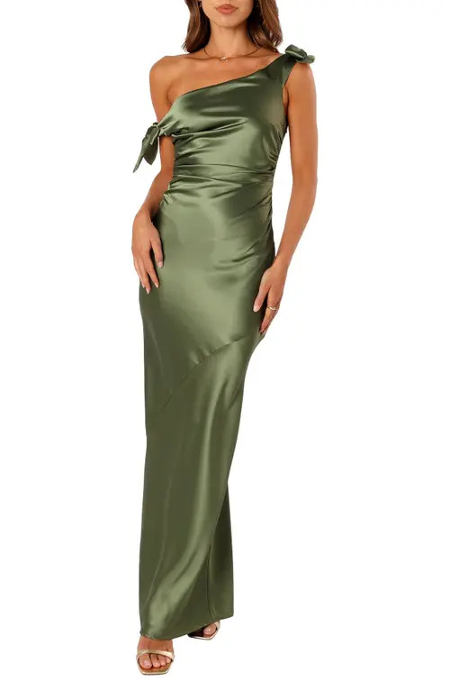 Petal & Pup Selma One-Shoulder Satin Gown in Olive at Nordstrom, Size Medium | Nordstrom