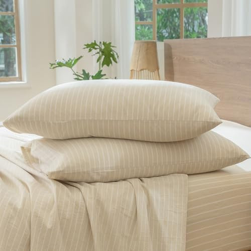 MooMee Bedding Pillowcases Striped Pack of 2 100% Washed Cotton Linen Like Textured Breathable Durable Soft Comfy (Almond Milk Grey White Wide Stripes, Standard) | Amazon (US)